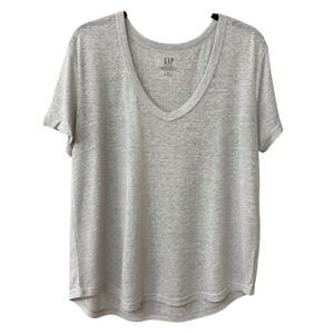 Gap Women Linen Blend V-Neck T-Shirt Size Medium Heather Grey Relaxed Semi-Sheer